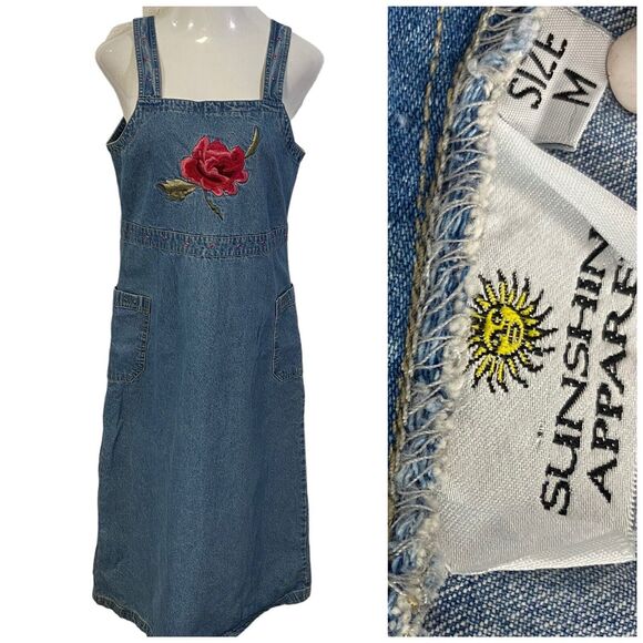 Sunshine Apparel Dress Womens Medium Y2K Denim Jumper Floral Embroidery Modest - Picture 1 of 16